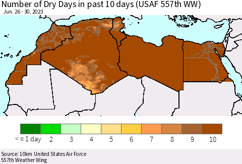 North Africa Number of Dry Days in past 10 days (USAF 557th WW) Thematic Map For 6/26/2023 - 6/30/2023