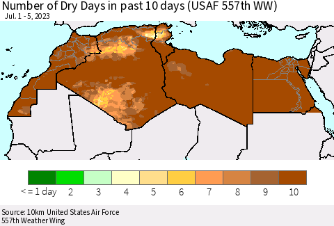 North Africa Number of Dry Days in past 10 days (USAF 557th WW) Thematic Map For 7/1/2023 - 7/5/2023