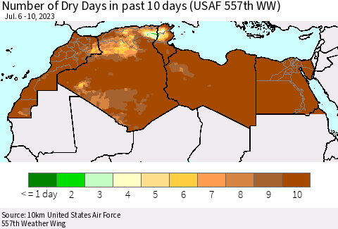 North Africa Number of Dry Days in past 10 days (USAF 557th WW) Thematic Map For 7/6/2023 - 7/10/2023
