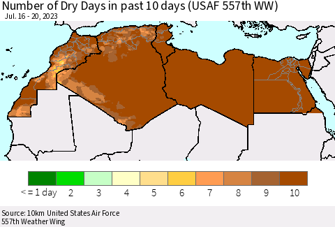 North Africa Number of Dry Days in past 10 days (USAF 557th WW) Thematic Map For 7/16/2023 - 7/20/2023