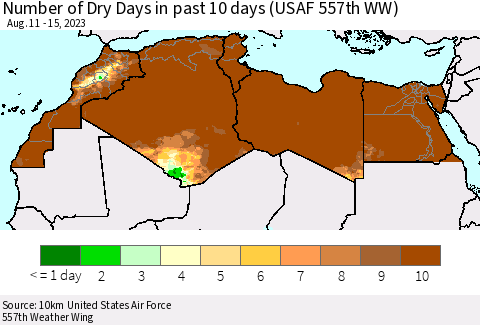 North Africa Number of Dry Days in past 10 days (USAF 557th WW) Thematic Map For 8/11/2023 - 8/15/2023