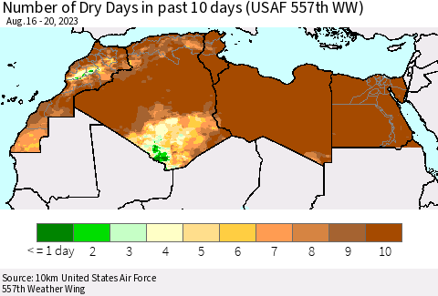 North Africa Number of Dry Days in past 10 days (USAF 557th WW) Thematic Map For 8/16/2023 - 8/20/2023