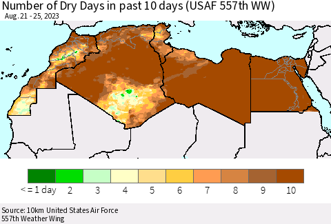 North Africa Number of Dry Days in past 10 days (USAF 557th WW) Thematic Map For 8/21/2023 - 8/25/2023
