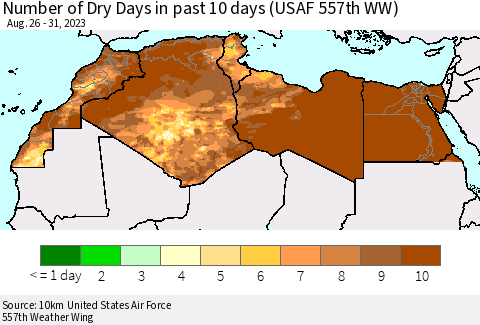 North Africa Number of Dry Days in past 10 days (USAF 557th WW) Thematic Map For 8/26/2023 - 8/31/2023