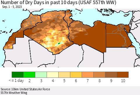 North Africa Number of Dry Days in past 10 days (USAF 557th WW) Thematic Map For 9/1/2023 - 9/5/2023