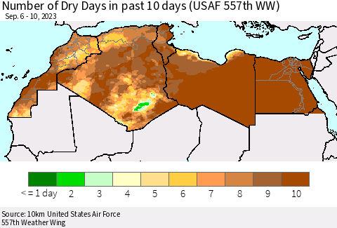 North Africa Number of Dry Days in past 10 days (USAF 557th WW) Thematic Map For 9/6/2023 - 9/10/2023