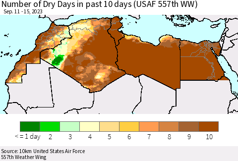 North Africa Number of Dry Days in past 10 days (USAF 557th WW) Thematic Map For 9/11/2023 - 9/15/2023
