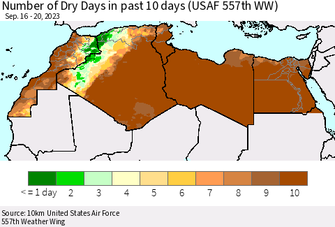 North Africa Number of Dry Days in past 10 days (USAF 557th WW) Thematic Map For 9/16/2023 - 9/20/2023