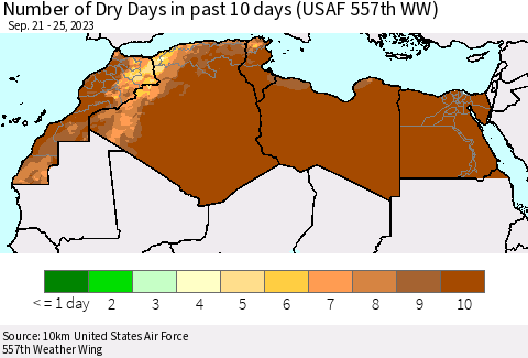 North Africa Number of Dry Days in past 10 days (USAF 557th WW) Thematic Map For 9/21/2023 - 9/25/2023