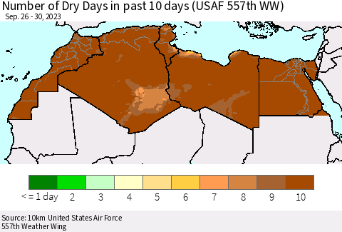 North Africa Number of Dry Days in past 10 days (USAF 557th WW) Thematic Map For 9/26/2023 - 9/30/2023