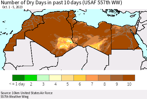 North Africa Number of Dry Days in past 10 days (USAF 557th WW) Thematic Map For 10/1/2023 - 10/5/2023