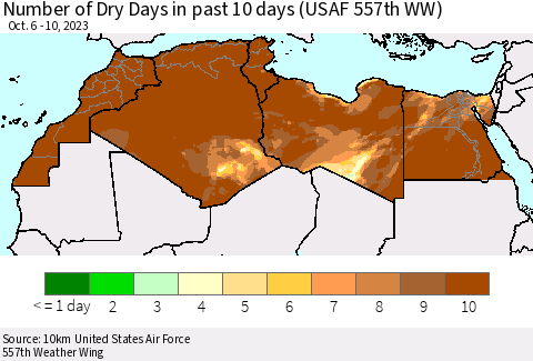 North Africa Number of Dry Days in past 10 days (USAF 557th WW) Thematic Map For 10/6/2023 - 10/10/2023