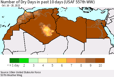 North Africa Number of Dry Days in past 10 days (USAF 557th WW) Thematic Map For 10/16/2023 - 10/20/2023