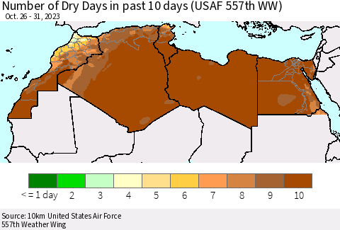 North Africa Number of Dry Days in past 10 days (USAF 557th WW) Thematic Map For 10/26/2023 - 10/31/2023