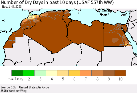North Africa Number of Dry Days in past 10 days (USAF 557th WW) Thematic Map For 11/1/2023 - 11/5/2023