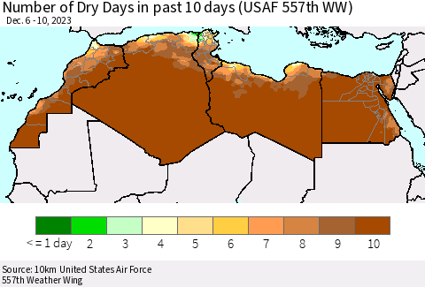 North Africa Number of Dry Days in past 10 days (USAF 557th WW) Thematic Map For 12/6/2023 - 12/10/2023