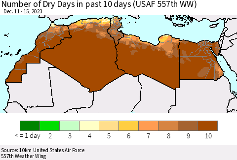 North Africa Number of Dry Days in past 10 days (USAF 557th WW) Thematic Map For 12/11/2023 - 12/15/2023