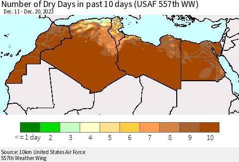 North Africa Number of Dry Days in past 10 days (USAF 557th WW) Thematic Map For 12/16/2023 - 12/20/2023