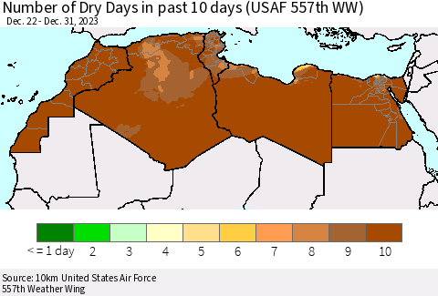 North Africa Number of Dry Days in past 10 days (USAF 557th WW) Thematic Map For 12/26/2023 - 12/31/2023