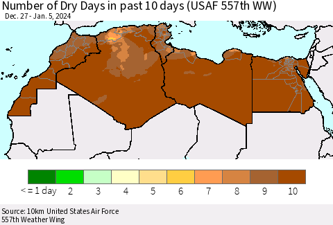 North Africa Number of Dry Days in past 10 days (USAF 557th WW) Thematic Map For 1/1/2024 - 1/5/2024