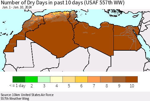 North Africa Number of Dry Days in past 10 days (USAF 557th WW) Thematic Map For 1/6/2024 - 1/10/2024