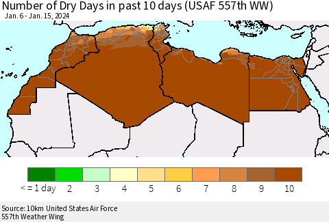 North Africa Number of Dry Days in past 10 days (USAF 557th WW) Thematic Map For 1/11/2024 - 1/15/2024