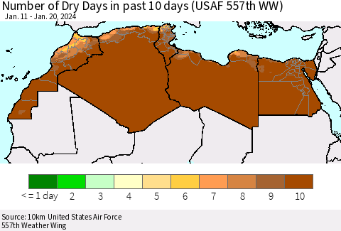 North Africa Number of Dry Days in past 10 days (USAF 557th WW) Thematic Map For 1/16/2024 - 1/20/2024