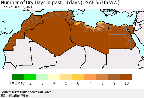 North Africa Number of Dry Days in past 10 days (USAF 557th WW) Thematic Map For 1/26/2024 - 1/31/2024