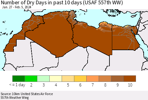 North Africa Number of Dry Days in past 10 days (USAF 557th WW) Thematic Map For 2/1/2024 - 2/5/2024