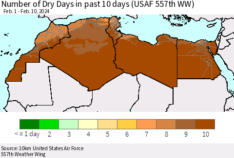 North Africa Number of Dry Days in past 10 days (USAF 557th WW) Thematic Map For 2/6/2024 - 2/10/2024