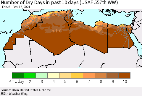 North Africa Number of Dry Days in past 10 days (USAF 557th WW) Thematic Map For 2/11/2024 - 2/15/2024