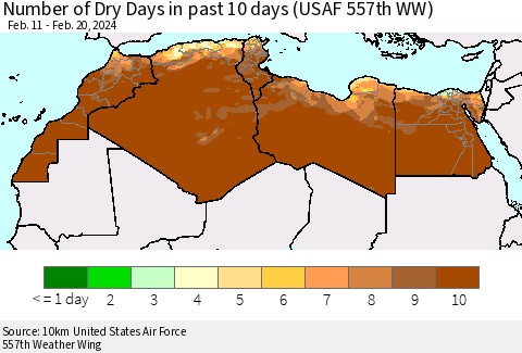 North Africa Number of Dry Days in past 10 days (USAF 557th WW) Thematic Map For 2/16/2024 - 2/20/2024