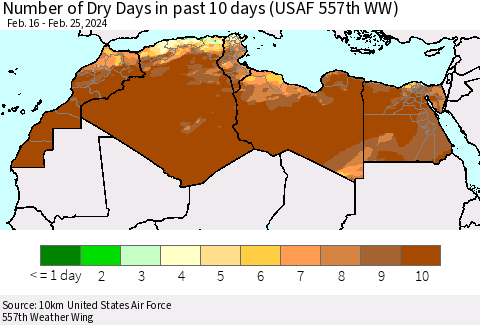 North Africa Number of Dry Days in past 10 days (USAF 557th WW) Thematic Map For 2/21/2024 - 2/25/2024