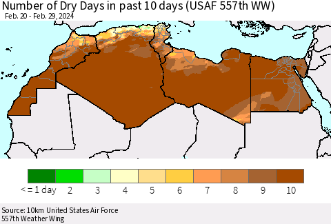 North Africa Number of Dry Days in past 10 days (USAF 557th WW) Thematic Map For 2/26/2024 - 2/29/2024