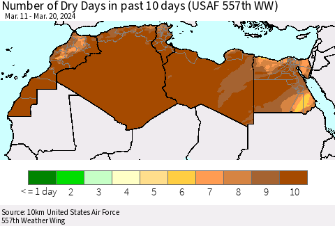 North Africa Number of Dry Days in past 10 days (USAF 557th WW) Thematic Map For 3/16/2024 - 3/20/2024