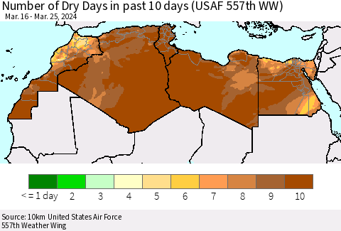 North Africa Number of Dry Days in past 10 days (USAF 557th WW) Thematic Map For 3/21/2024 - 3/25/2024