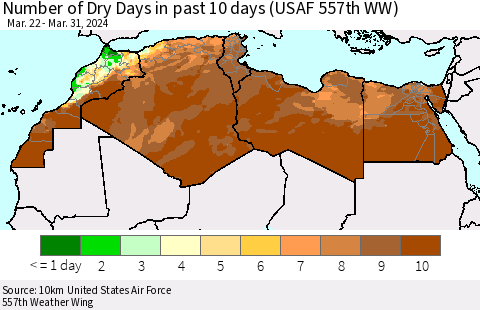 North Africa Number of Dry Days in past 10 days (USAF 557th WW) Thematic Map For 3/26/2024 - 3/31/2024
