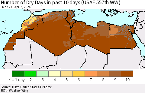 North Africa Number of Dry Days in past 10 days (USAF 557th WW) Thematic Map For 4/1/2024 - 4/5/2024