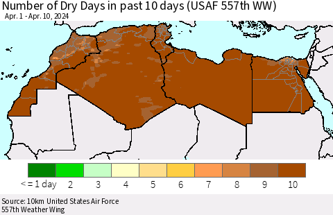 North Africa Number of Dry Days in past 10 days (USAF 557th WW) Thematic Map For 4/6/2024 - 4/10/2024
