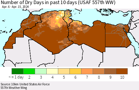 North Africa Number of Dry Days in past 10 days (USAF 557th WW) Thematic Map For 4/11/2024 - 4/15/2024