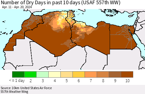 North Africa Number of Dry Days in past 10 days (USAF 557th WW) Thematic Map For 4/16/2024 - 4/20/2024