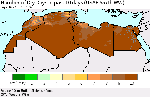 North Africa Number of Dry Days in past 10 days (USAF 557th WW) Thematic Map For 4/21/2024 - 4/25/2024