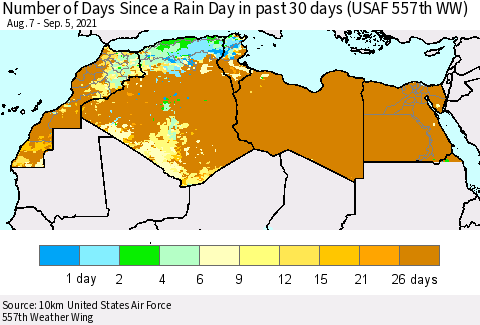 North Africa Number of Days Since a Rain Day in past 30 days (USAF 557th WW) Thematic Map For 9/1/2021 - 9/5/2021