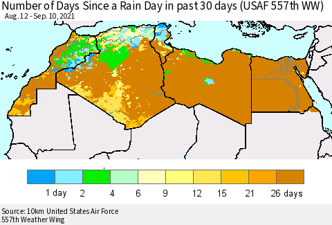 North Africa Number of Days Since a Rain Day in past 30 days (USAF 557th WW) Thematic Map For 9/6/2021 - 9/10/2021