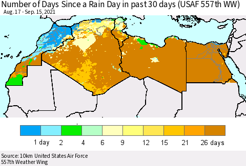 North Africa Number of Days Since a Rain Day in past 30 days (USAF 557th WW) Thematic Map For 9/11/2021 - 9/15/2021