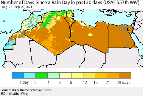 North Africa Number of Days Since a Rain Day in past 30 days (USAF 557th WW) Thematic Map For 9/16/2021 - 9/20/2021
