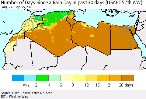 North Africa Number of Days Since a Rain Day in past 30 days (USAF 557th WW) Thematic Map For 9/21/2021 - 9/25/2021