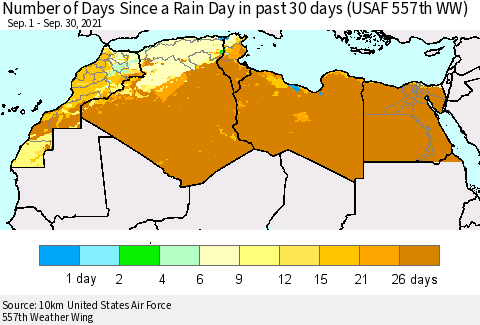 North Africa Number of Days Since a Rain Day in past 30 days (USAF 557th WW) Thematic Map For 9/26/2021 - 9/30/2021