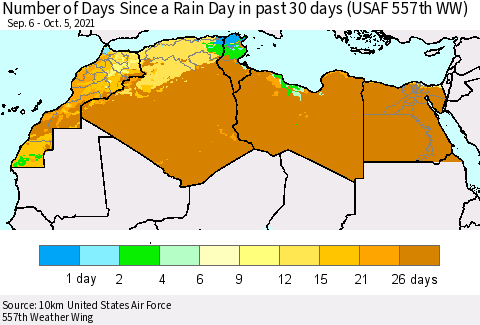 North Africa Number of Days Since a Rain Day in past 30 days (USAF 557th WW) Thematic Map For 10/1/2021 - 10/5/2021