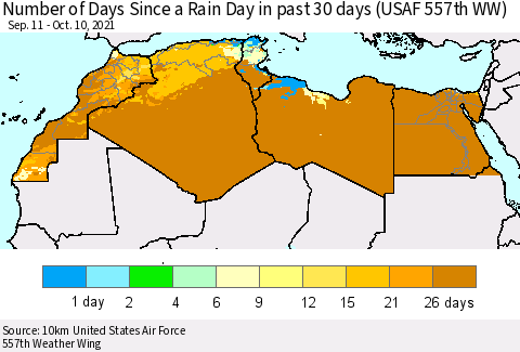 North Africa Number of Days Since a Rain Day in past 30 days (USAF 557th WW) Thematic Map For 10/6/2021 - 10/10/2021